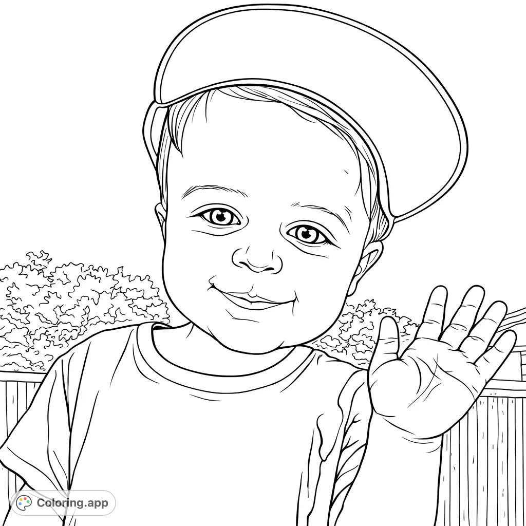 Capture the cheerful essence of a smiling child wearing a cap, waving to say hello. A delightful and heartwarming scene for all ages to color.
