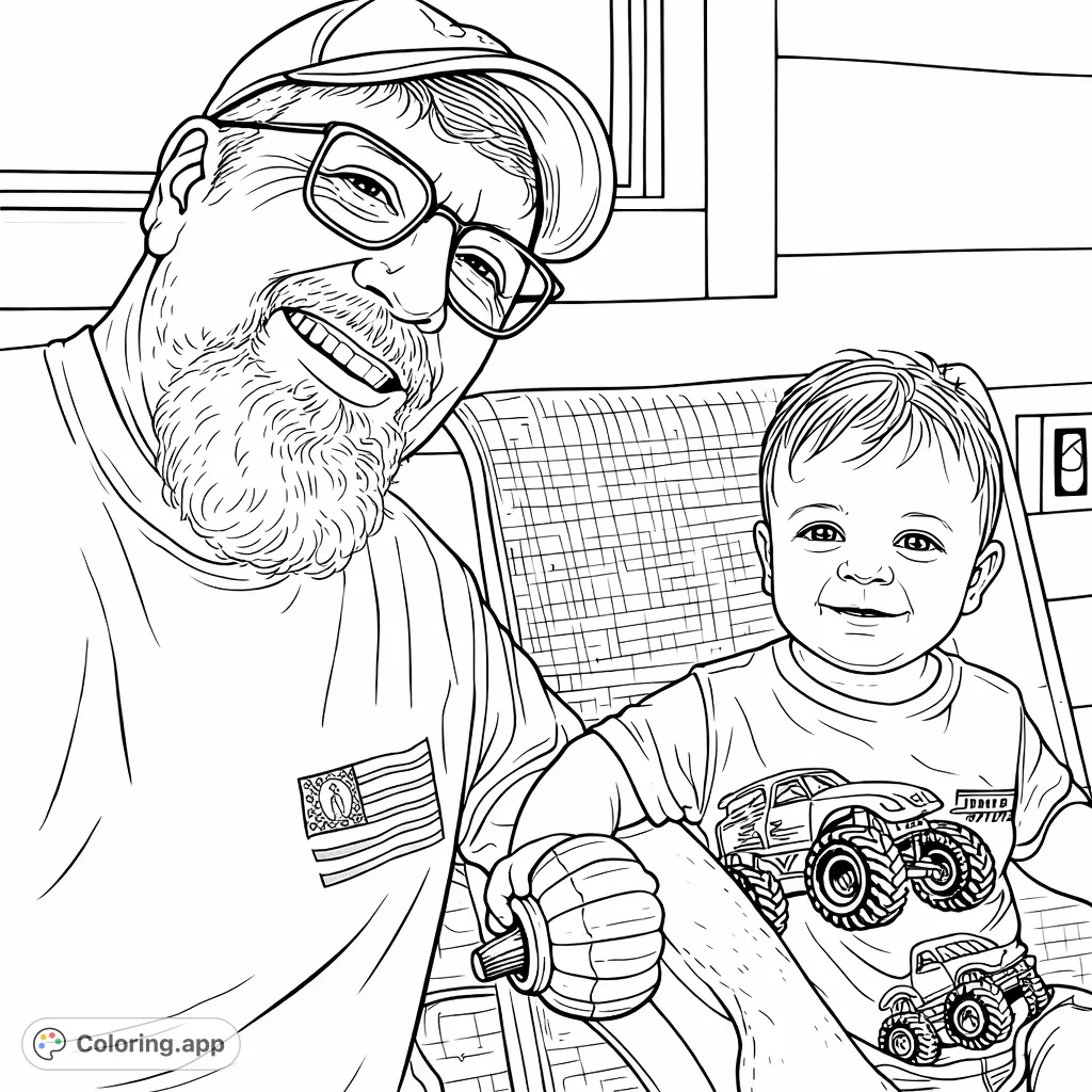 A heartwarming portrait of a smiling adult and a joyful baby, perfect for family bonding. Features a flag design and playful monster trucks.