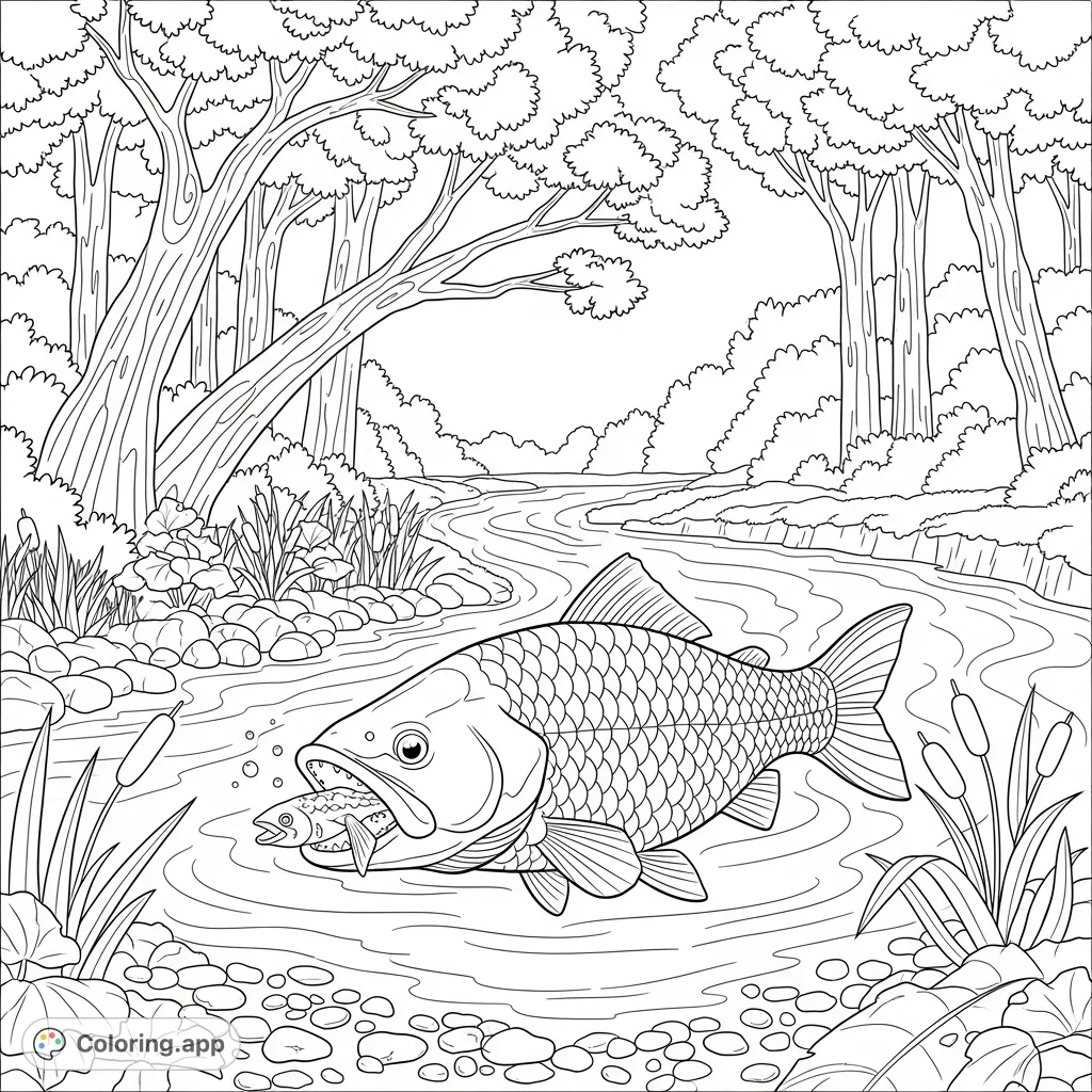 Witness a captivating scene of a giant fish enjoying its meal in a tranquil forest river. This big fish coloring page offers intricate details of aquatic life and lush nature.