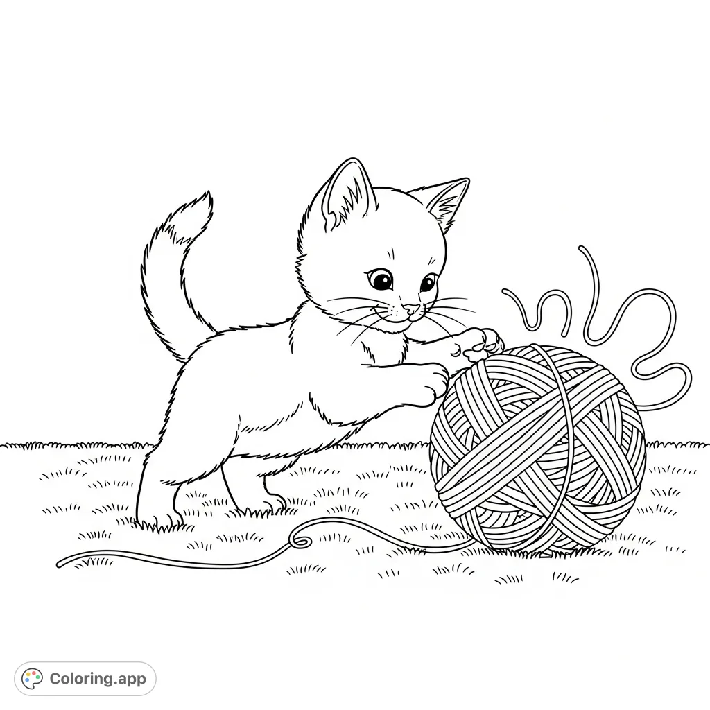 Discover a charming kitten joyfully playing with a large, tangled ball of yarn on a cozy, fluffy carpet. A delightful scene for all cat enthusiasts.