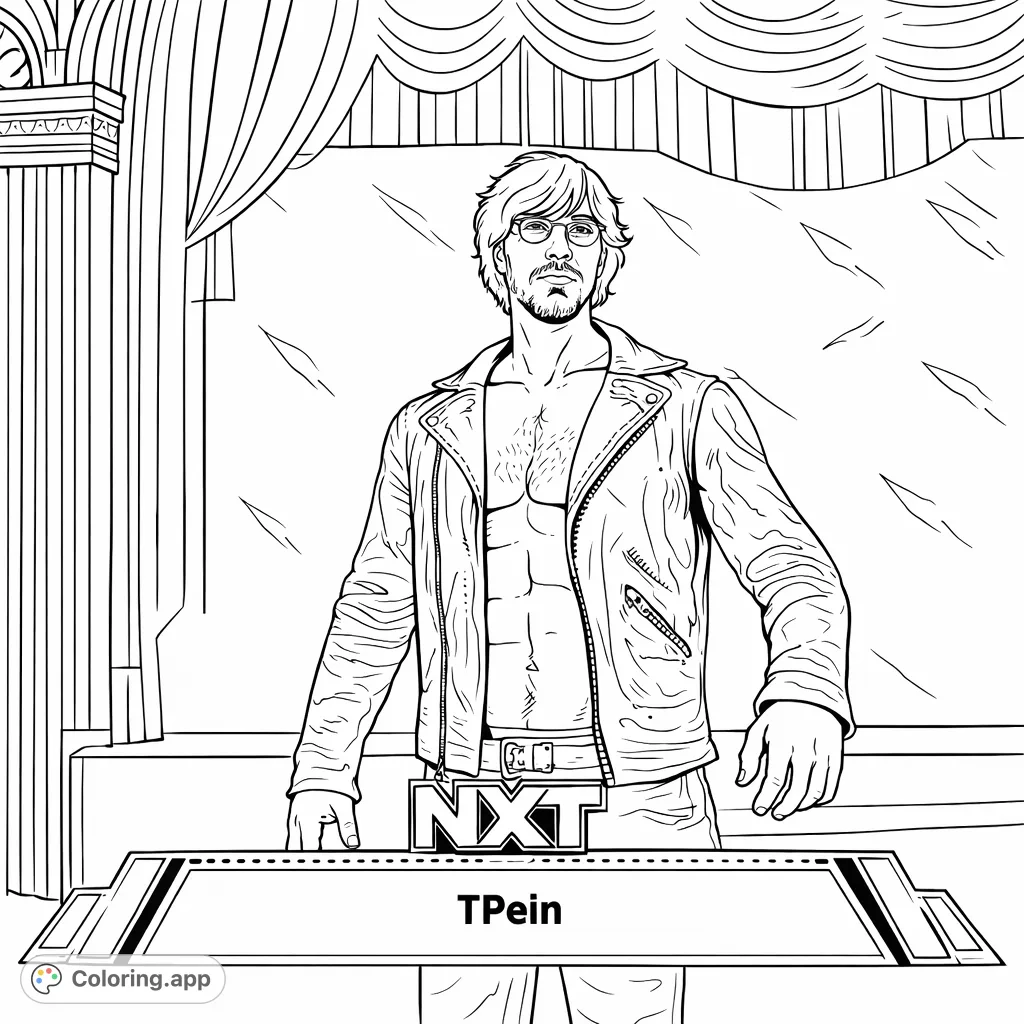 Capture the intense presence of a wrestler in an open leather jacket, ready for action against a dynamic stage backdrop. Perfect for fans and action enthusiasts.