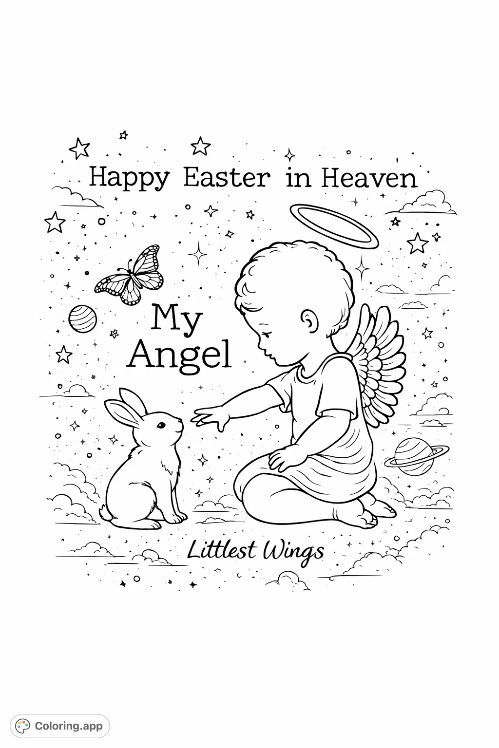 A sweet angel figure with wings kneels, reaching out to a charming bunny in a starry, ethereal setting. Features a graceful butterfly and halo.