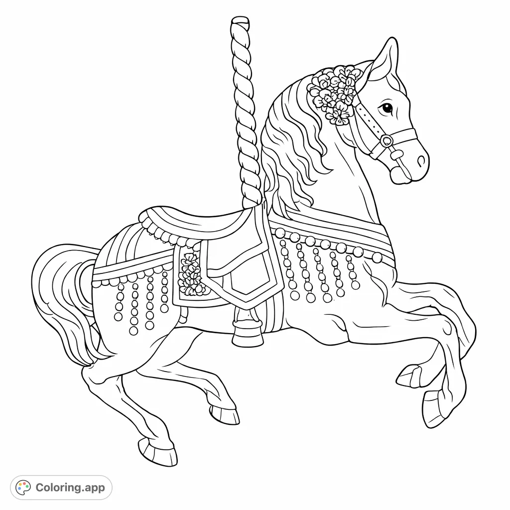 Gallop into creativity with this ornate carousel horse coloring page! Featuring intricate saddle details, flowing mane, and decorative elements.