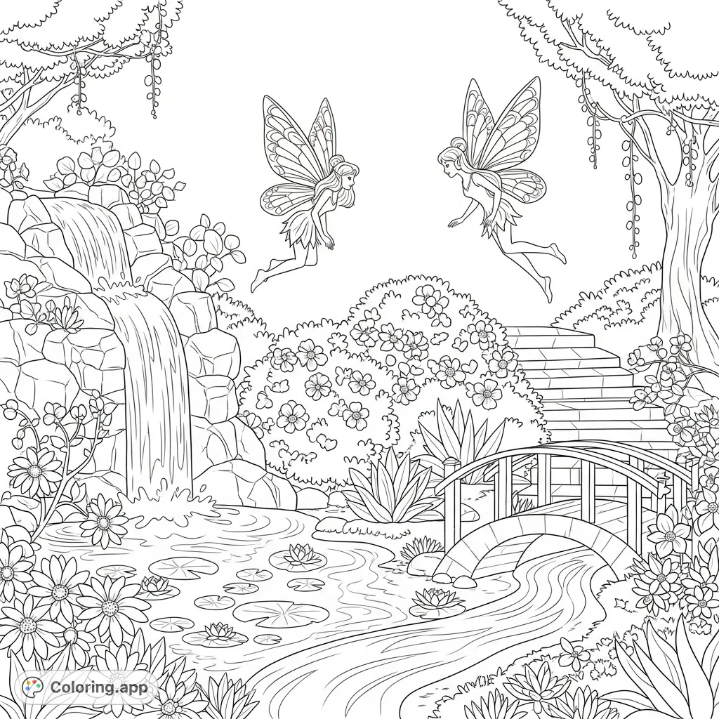 Two enchanting fairies with delicate wings soar past a lush garden, complete with a cascading waterfall, serene pond, and intricate floral details. A magical scene.