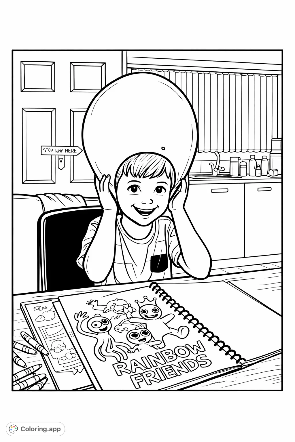 A cheerful child wears a huge, round object on their head while coloring. Perfect for a fun, cartoony experience! This free printable coloring page is great for kids.