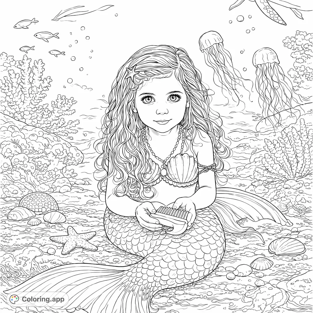 Dive into an enchanting underwater world! This mermaid coloring page features a young girl with a scaled tail, holding a shell, surrounded by coral, fish, and jellyfish.