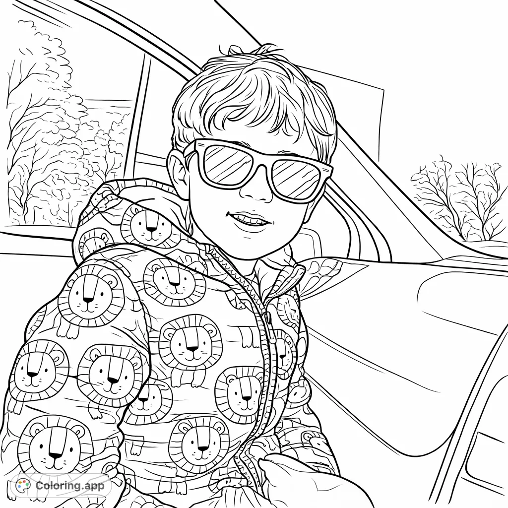 A cool kid in a lion-patterned jacket and reflective eyewear smiles from a car. This fun coloring page captures a playful moment with unique details.