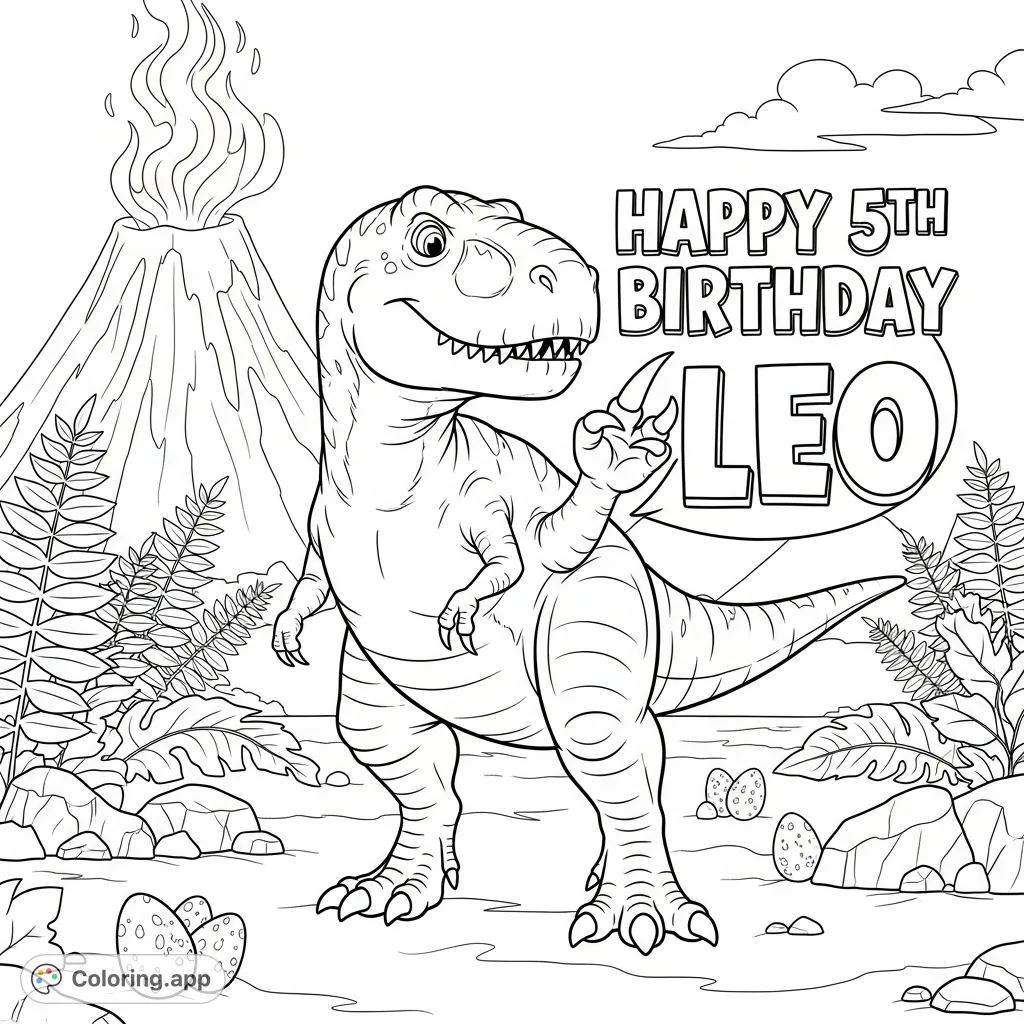 Celebrate Leo's 5th birthday with a fantastic dinosaur coloring page! Features a friendly dino and personalized "Happy 5th Birthday Leo" text.