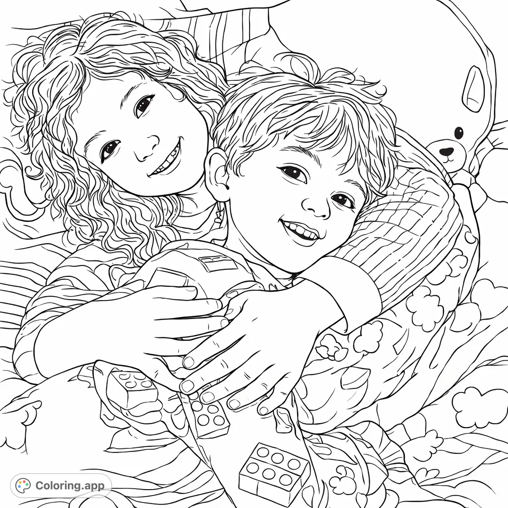 A heartwarming scene of two children embracing in bed, featuring patterned pajamas and bedding. Perfect for a cozy and loving coloring experience.