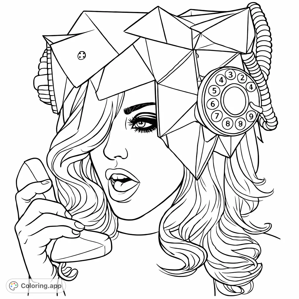 Color an iconic pop star featuring a unique geometric headpiece with rotary phone details and flowing hair. A captivating modern pop culture coloring page.