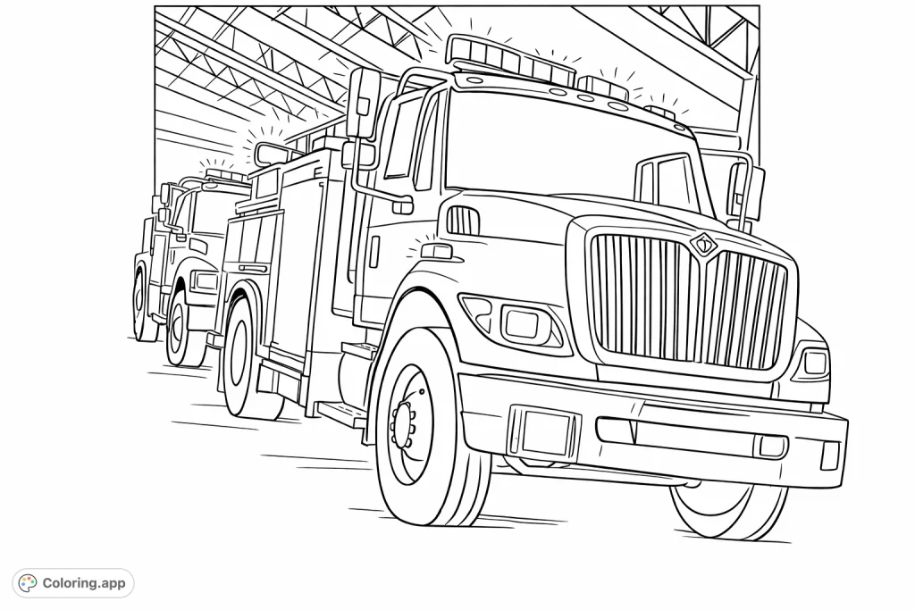Color a powerful heavy-duty truck with multiple operational lights, set in an industrial environment. Perfect for vehicle enthusiasts and aspiring heroes!