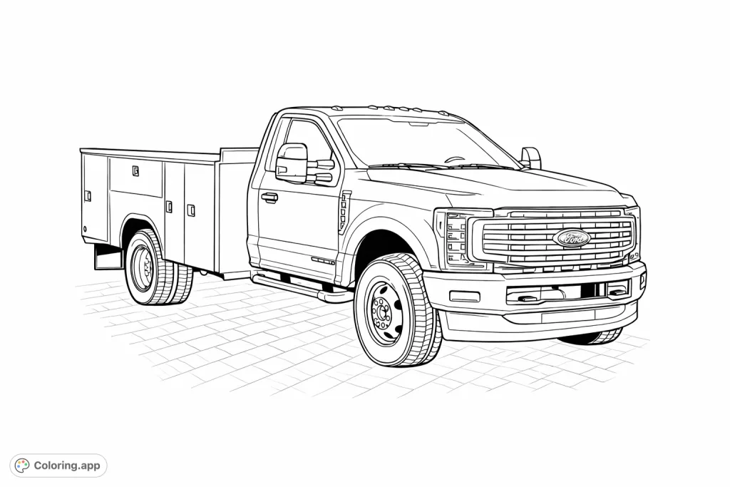 Color a detailed heavy-duty service truck with a utility bed, featuring intricate compartments, a bold grille, and rugged wheels. Perfect for vehicle enthusiasts!