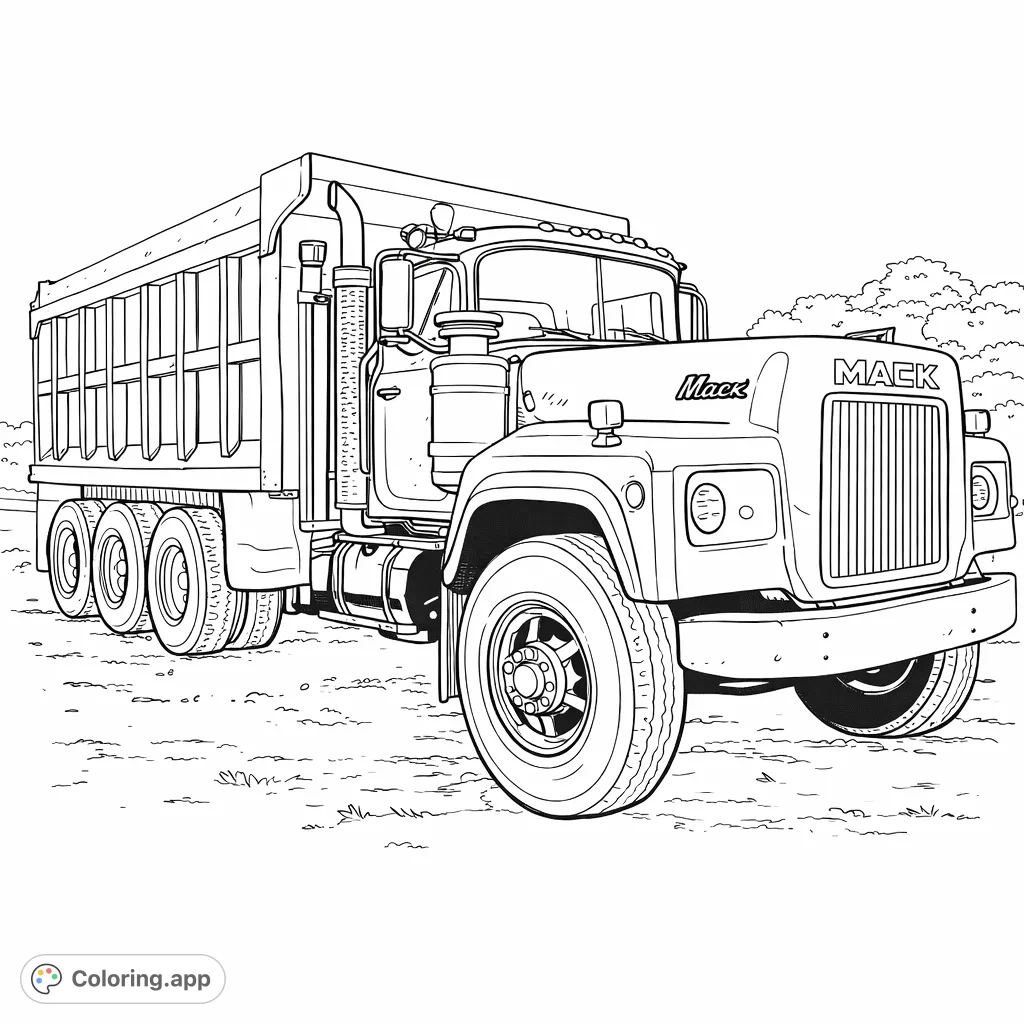 A detailed heavy-duty dump truck, perfect for transportation and construction enthusiasts. Explore industrial machinery with this free printable coloring page.