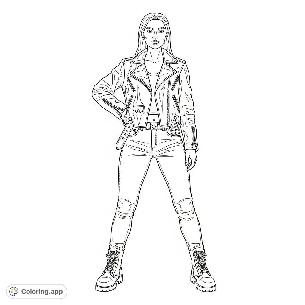 Unleash your inner artist with this rock-style woman coloring page, featuring a bold attitude, leather jacket, and detailed boots. Perfect for fashion enthusiasts!