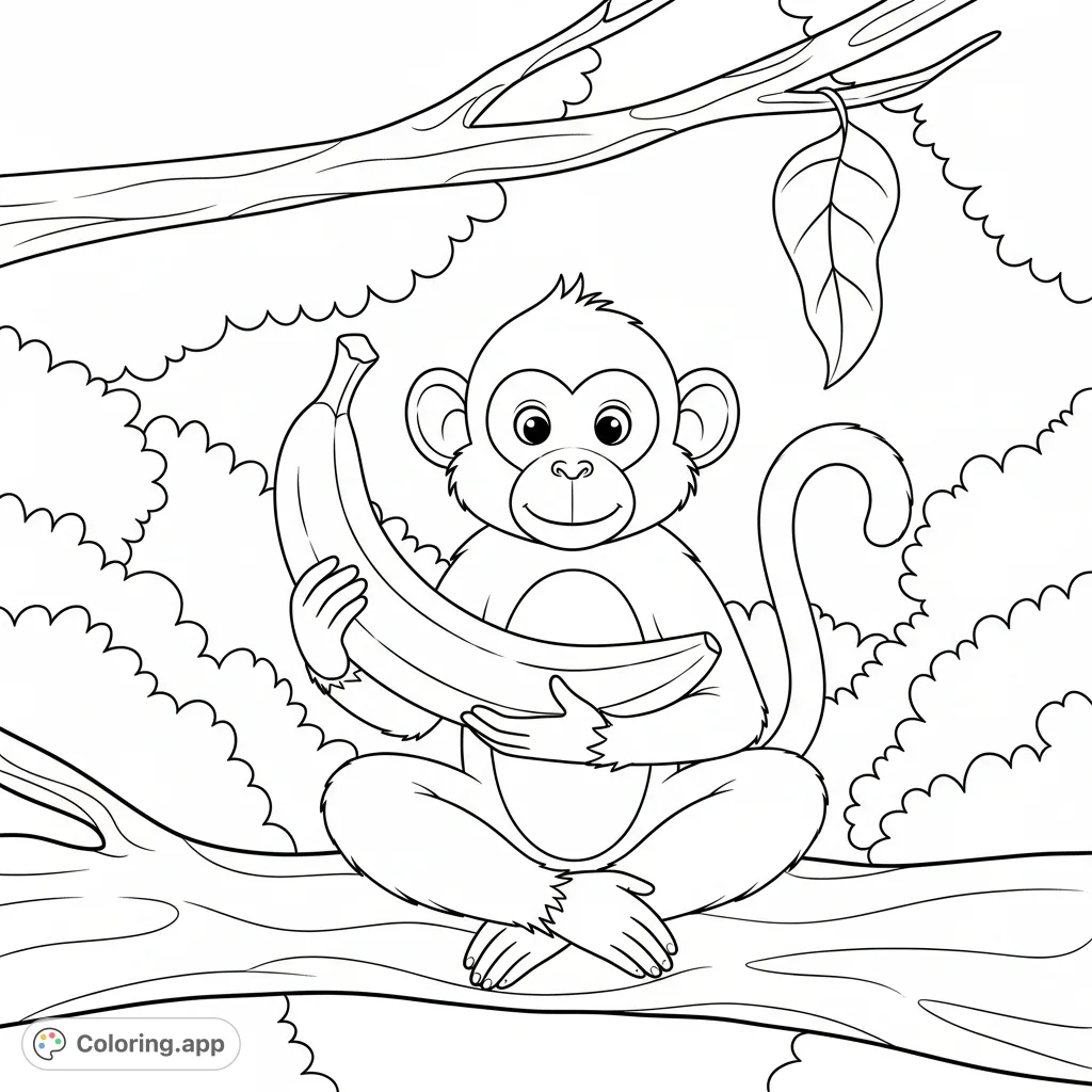 A cheerful monkey sits on a sturdy tree branch, holding a banana, set against lush jungle foliage. A delightful scene for kids and all ages.