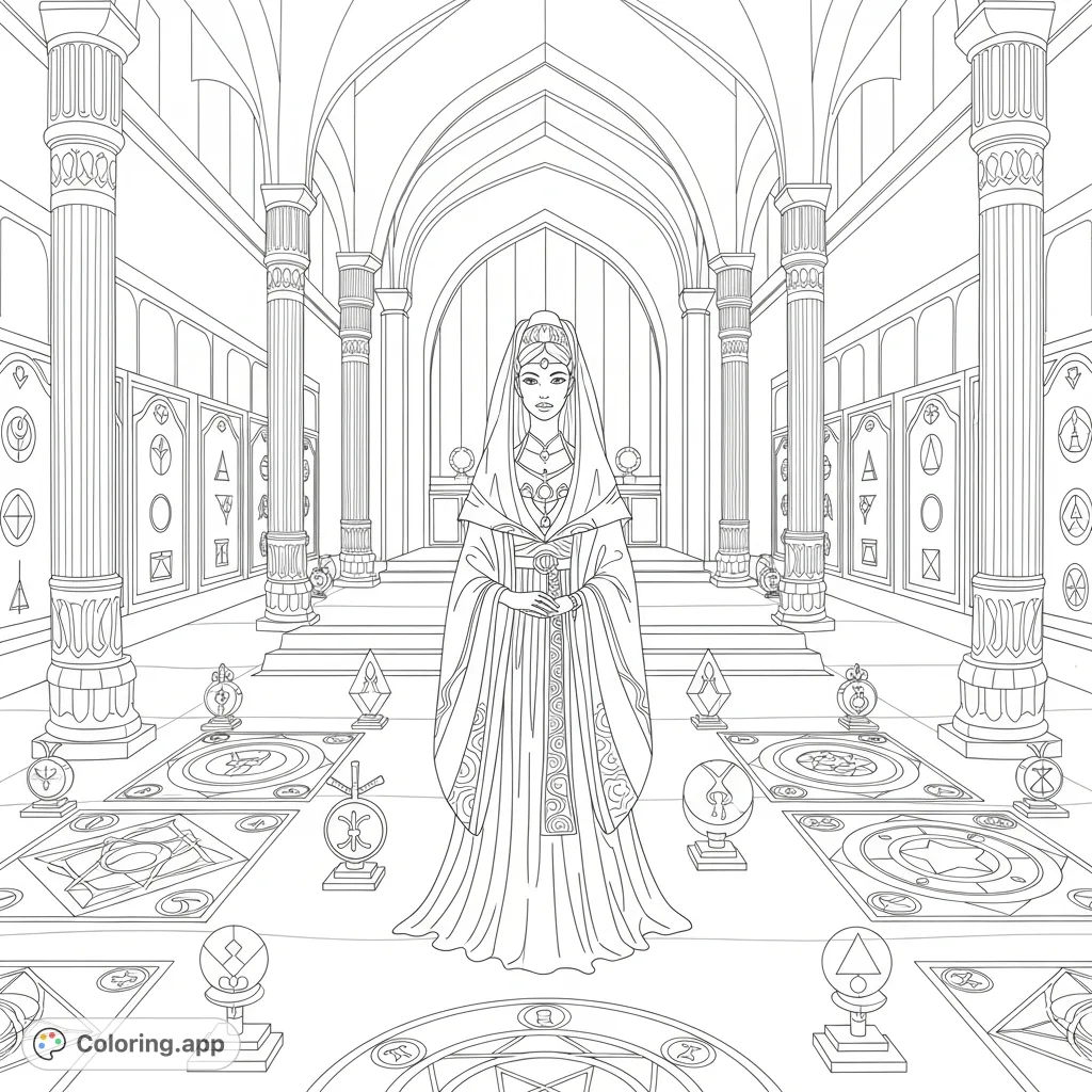 A majestic priestess stands in a grand ritual hall, enveloped by ancient sacred symbols and flowing robes. A detailed fantasy scene awaiting your creative touch.