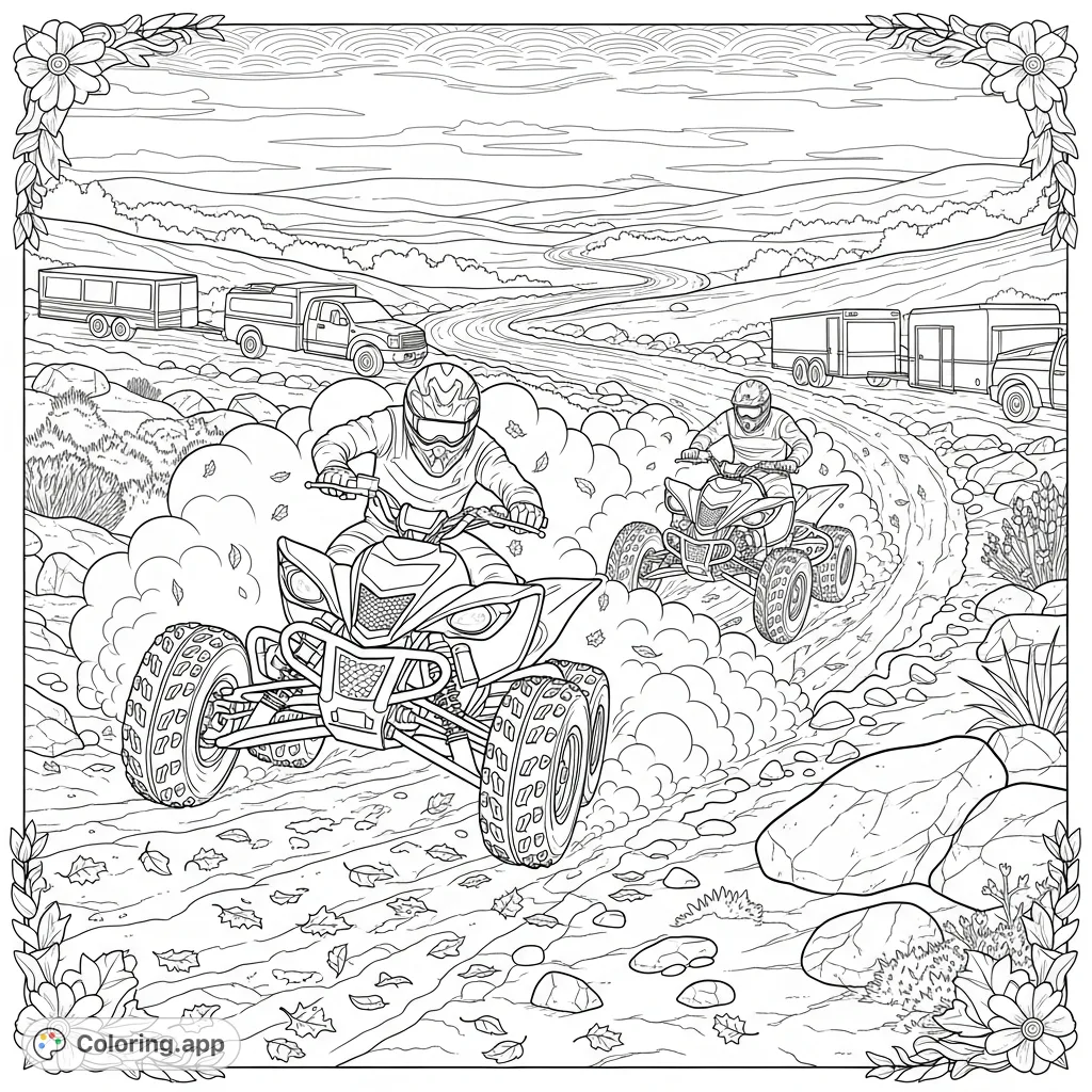 Experience the thrill of off-road adventure with two dynamic ATV riders navigating a rugged trail, kicking up dust and conquering challenging terrain.