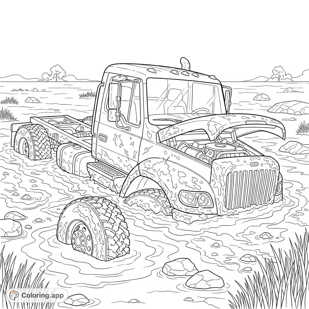 A tough truck is broken down and stuck deep in a muddy, rugged landscape. Features include detached wheel, open hood, dents, and heavy mud splatters.