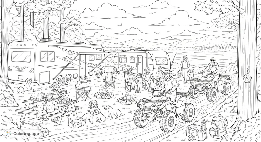 Explore a lively outdoor camping scene featuring people, ATVs, and various campers. A perfect blend of wilderness relaxation and off-road excitement awaits.