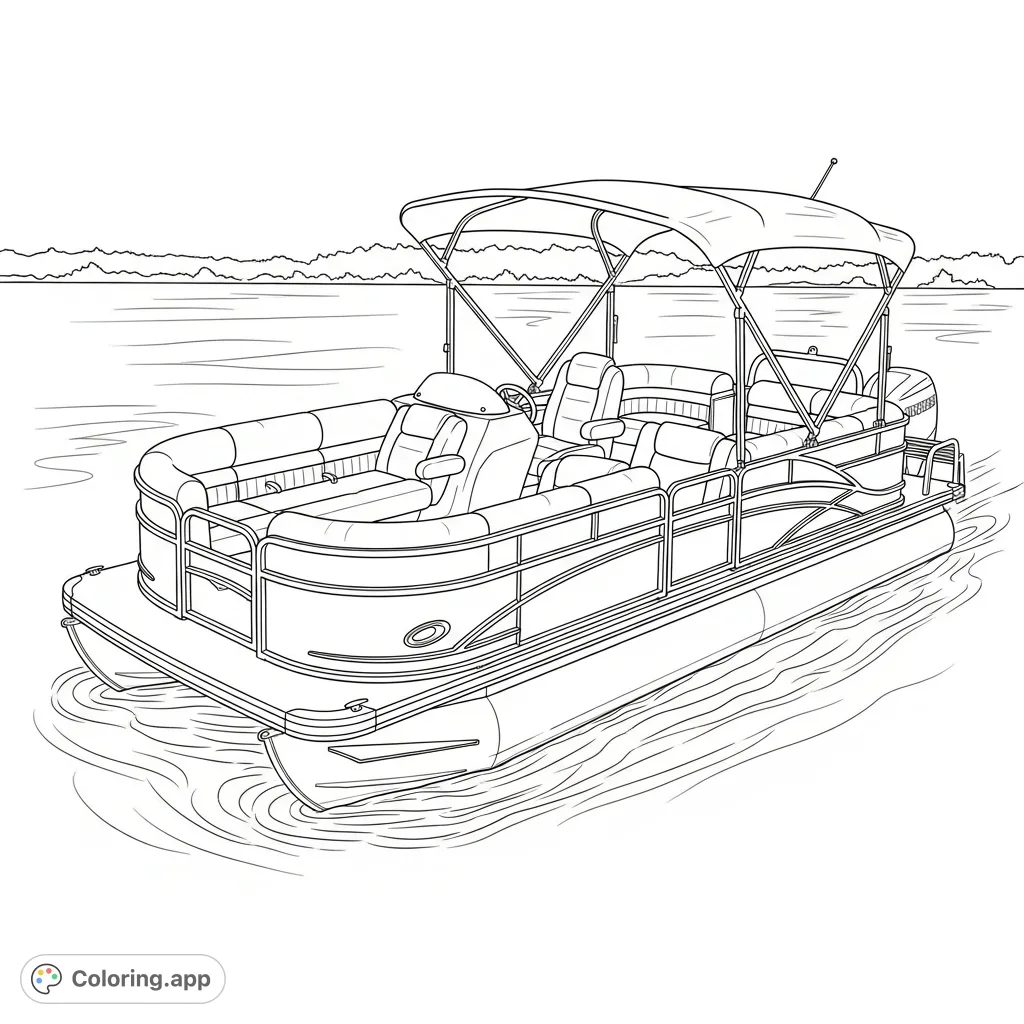 A tranquil pontoon boat floats on calm water with plush seating, a wide canopy, and a distant tree-lined shore, perfect for a relaxing coloring escape.