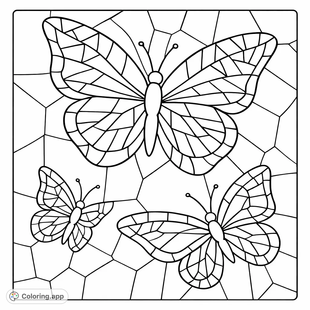 Color a stunning stained glass butterfly mosaic! Three intricate butterflies with segmented wings are set against a geometric background, offering a challenging and rewarding creative escape.