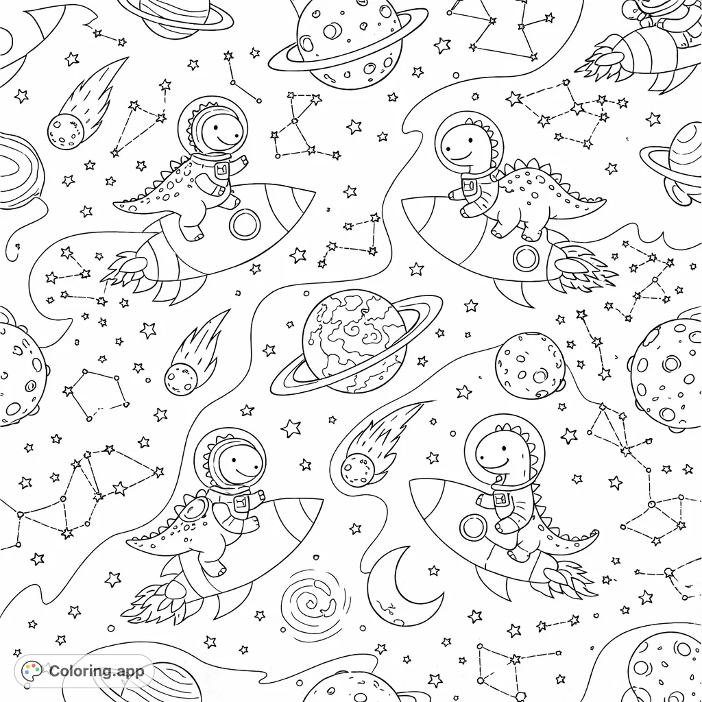 Join adorable dinosaur astronauts piloting rockets through a starry cosmos filled with planets, moons, and constellations. A fun, detailed space adventure!
