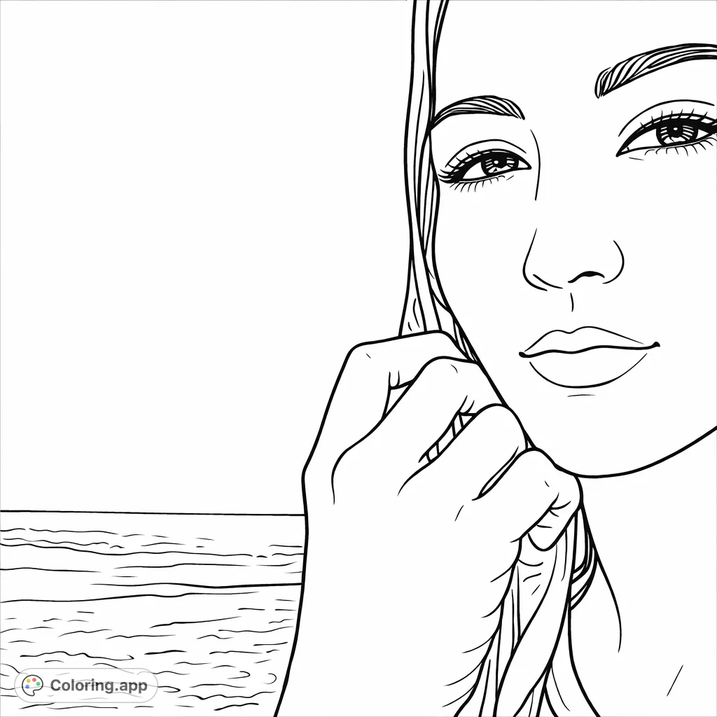 A serene woman's portrait, framed by soft fabric and a gentle hand, set against a calming beach and open sky. Perfect for reflective coloring.