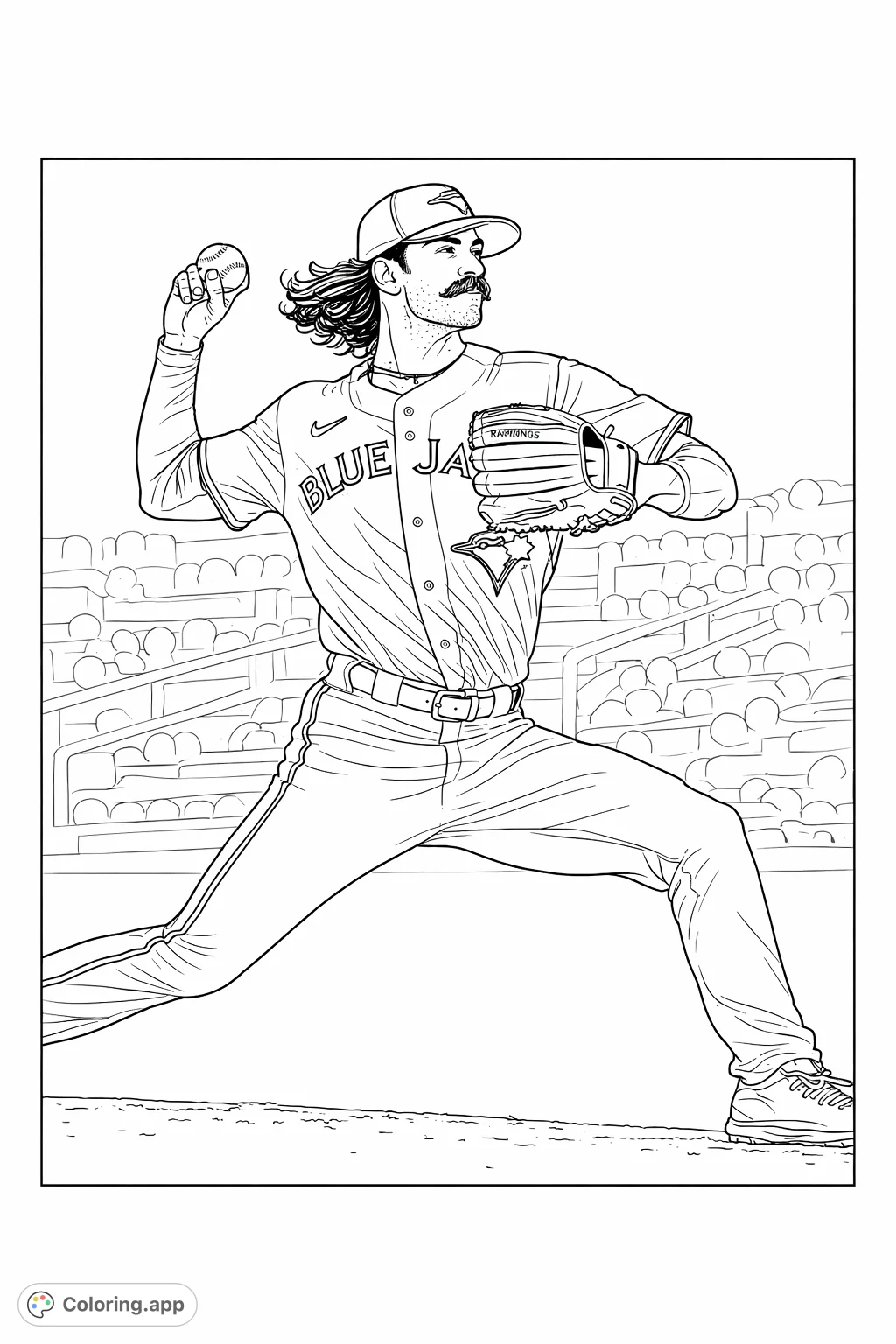 Capture the intense action of a baseball pitcher mid-throw. This detailed coloring page features a focused athlete, full uniform, and distinct facial hair.