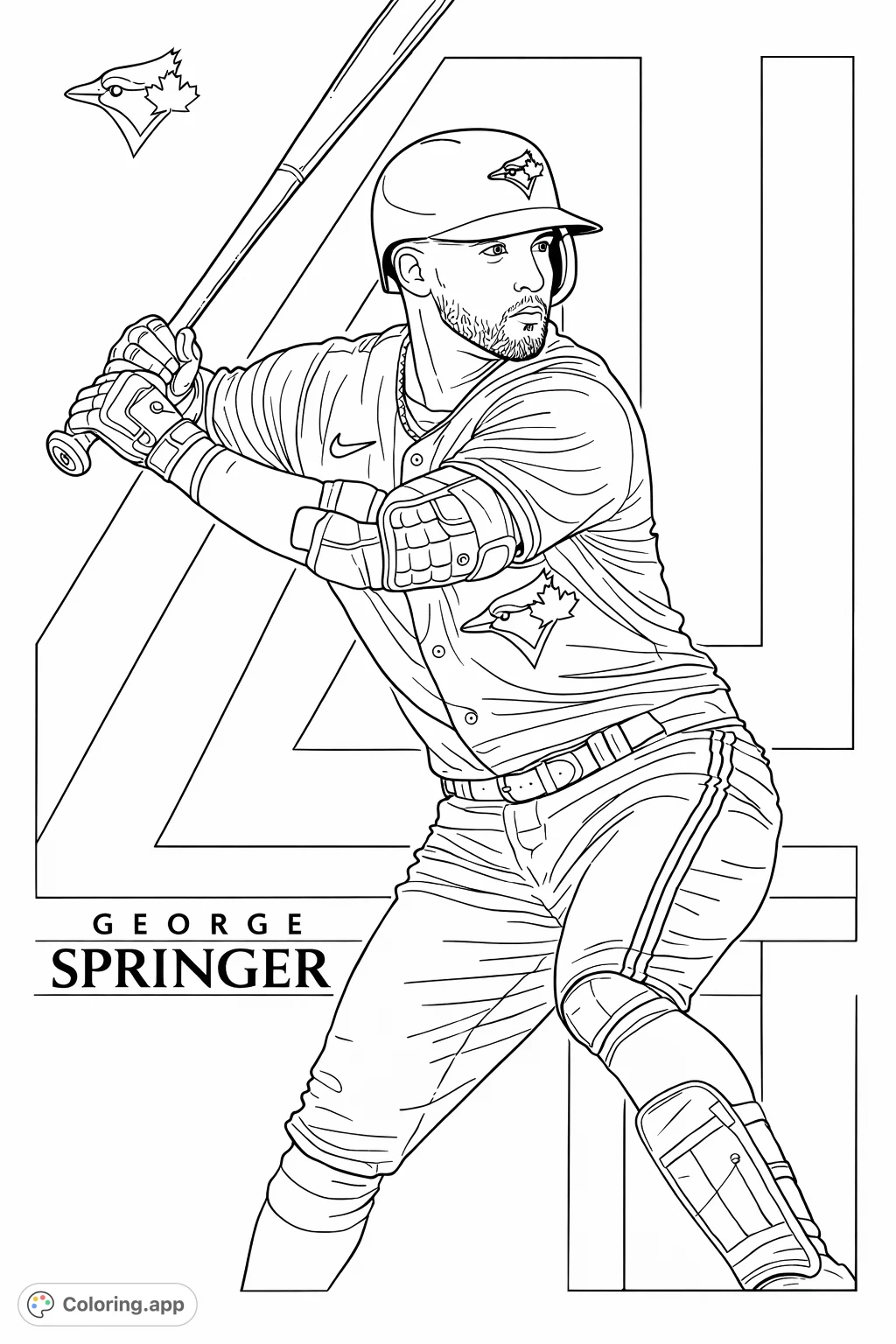 Capture the excitement of baseball with this dynamic coloring page featuring a player in a powerful batting stance, complete with uniform details and team logos.