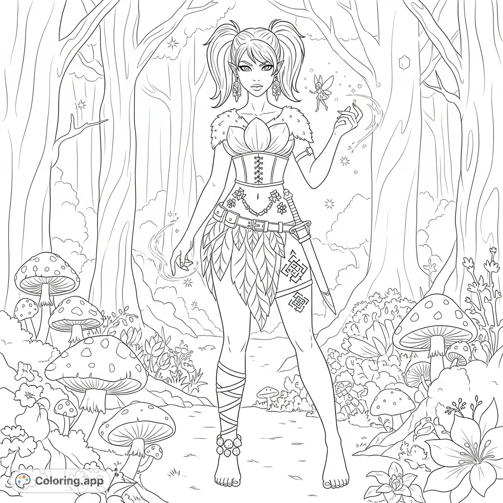 Unleash your creativity on a stylized female warrior in a mystical faerie forest, featuring intricate tattoos, petal top, and a blade.