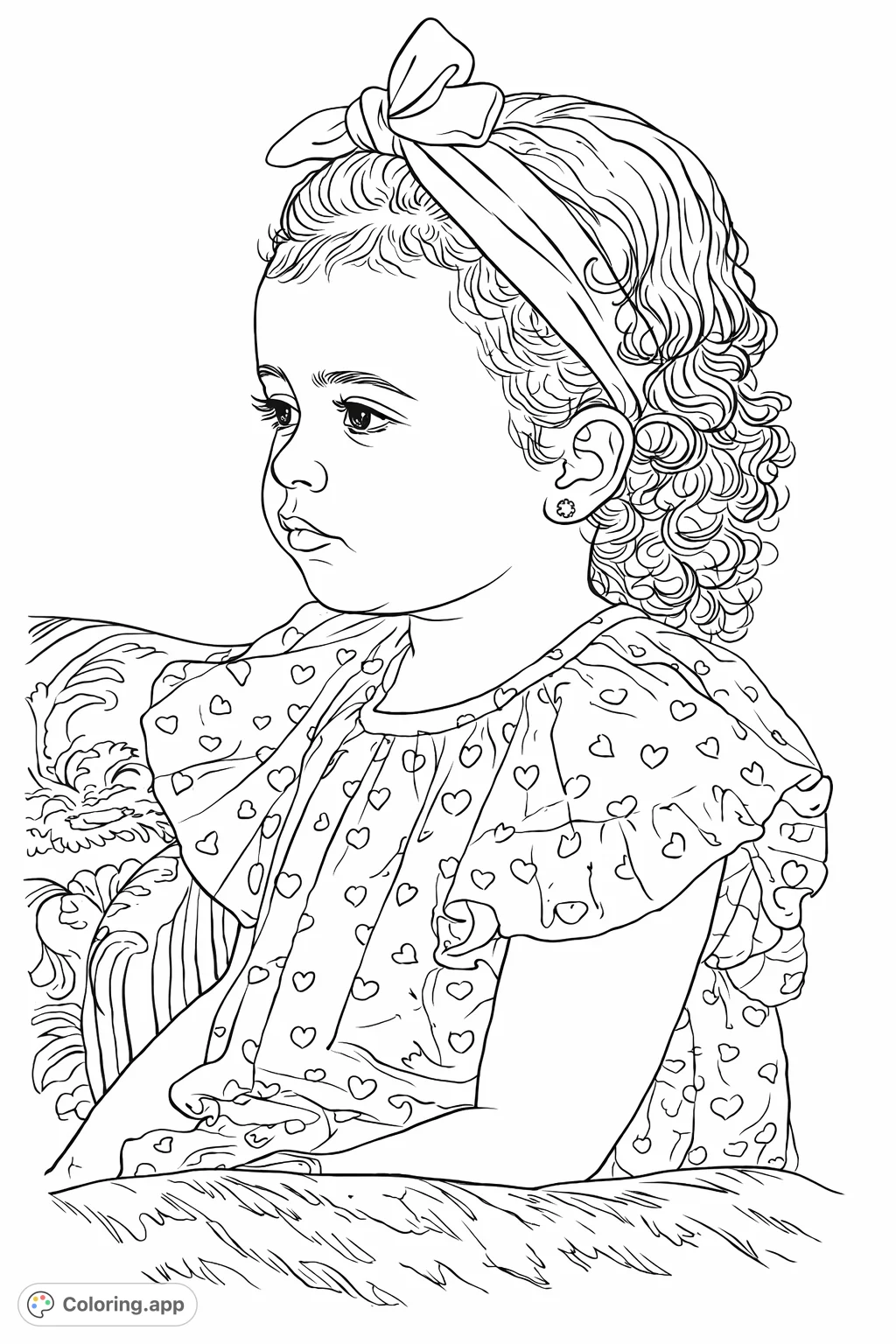 Adorable child in a strawberry-patterned top and bow headband. Perfect for young colorists to bring to life with gentle strokes and happy shades.