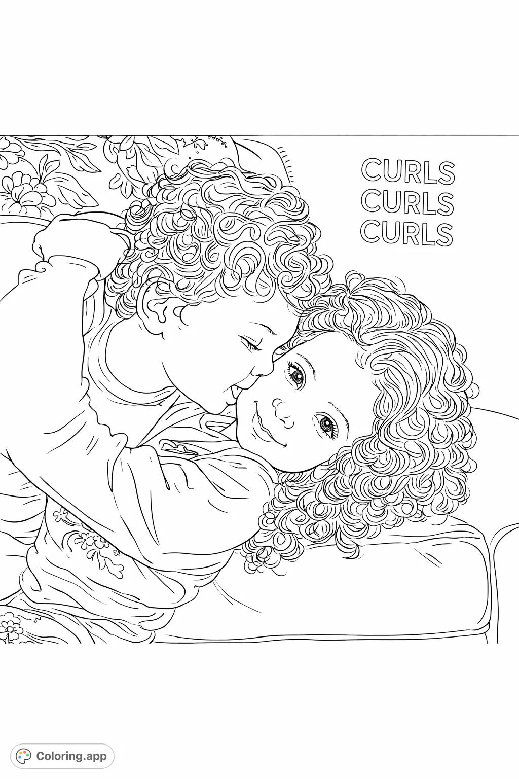 Capture a heartwarming moment of two children cuddling, one offering a gentle kiss, surrounded by soft textures and playful curls. A tender scene perfect for coloring.
