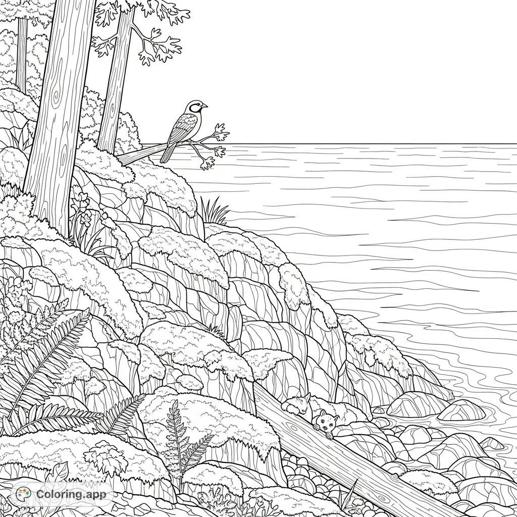 Explore an intricate Michigan nature scene featuring the majestic Lake Superior, lush moss, varied fauna, and rugged shoreline. A serene escape for nature lovers.