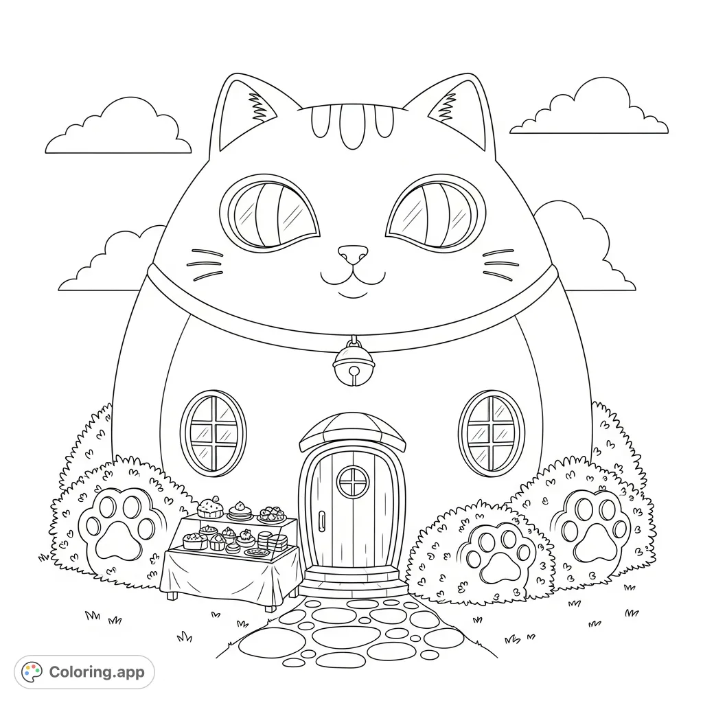 Discover a charming, round cat-shaped cafe coloring page with oval windows, a bell door, and pawprint bushes. A delightful kawaii scene for cozy coloring fun!