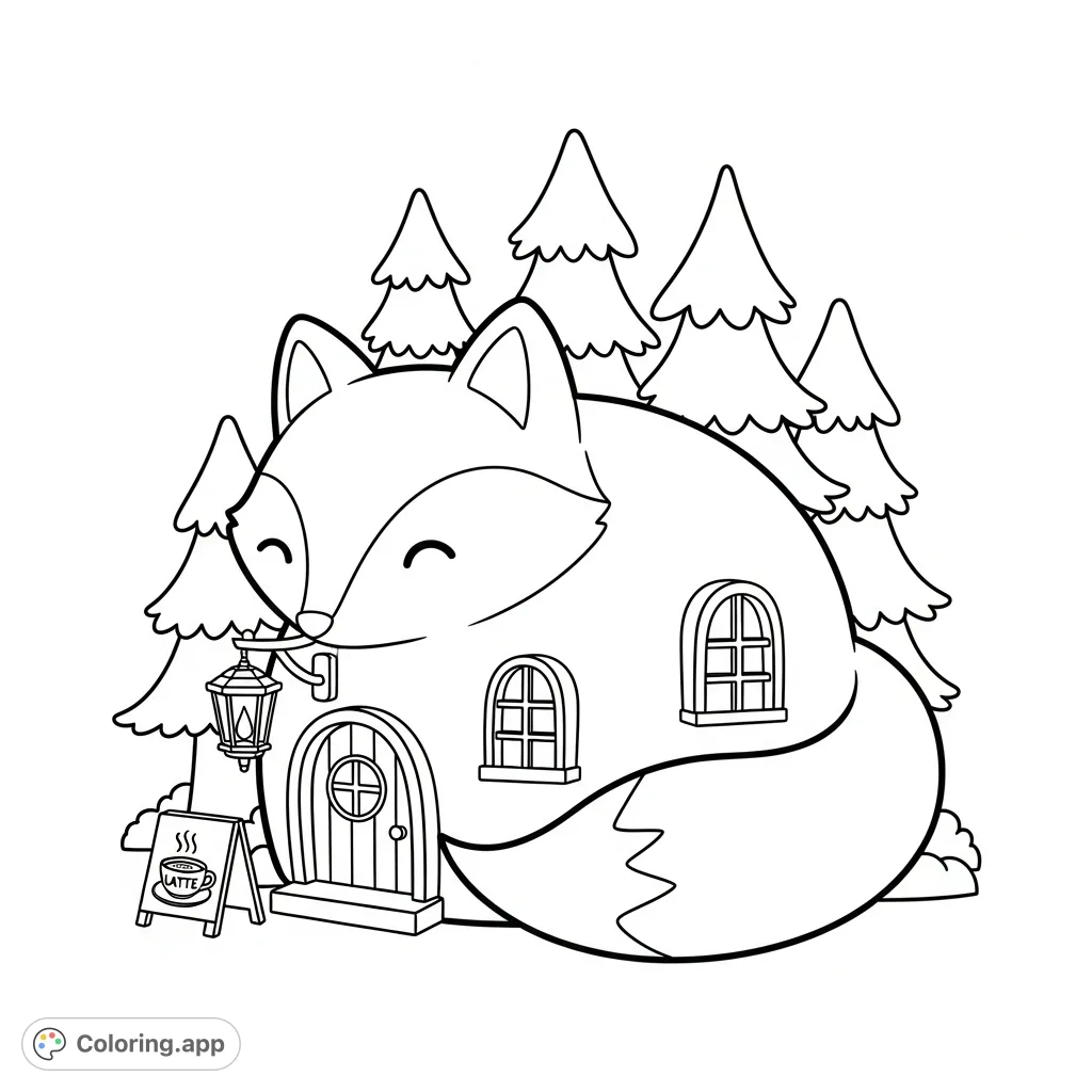 Discover a charming kawaii fox-shaped cafe building, complete with a cozy lantern and pine trees, perfect for a relaxing coloring escape.