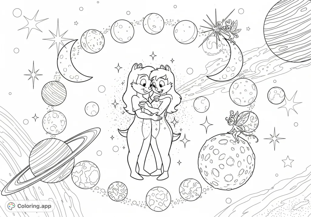 Chip & Kristin surrounded by moons, stars, and planets in a romantic celestial scene. A unique space coloring page for personalized artistry.