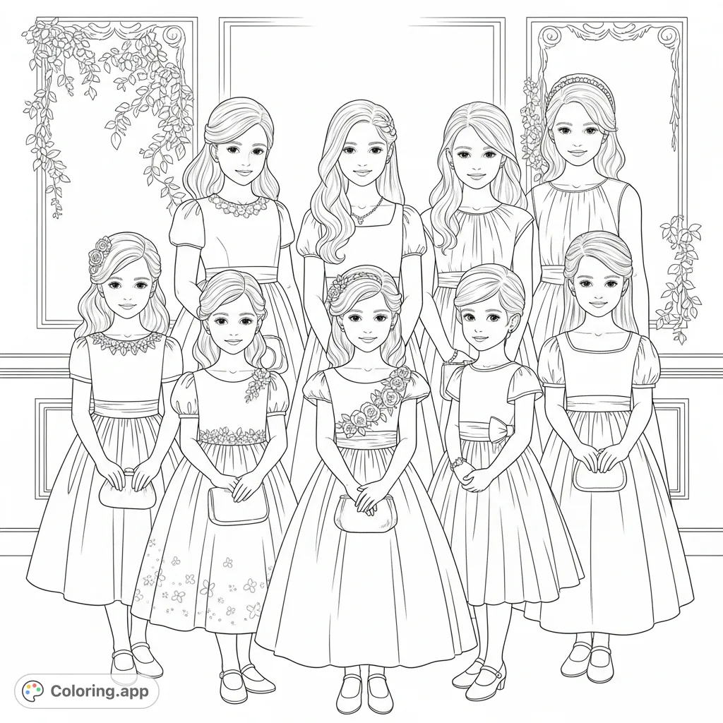 Discover seven young girls in unique, elegant formal dresses, some with wavy hair. A charming scene for fashion-focused coloring and creative expression.
