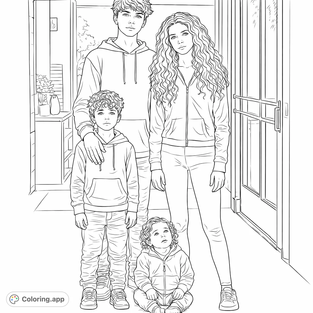 Capture the essence of family bonds with this realistic coloring page featuring four siblings. Perfect for personalizing skin tones, hair, and clothing details.
