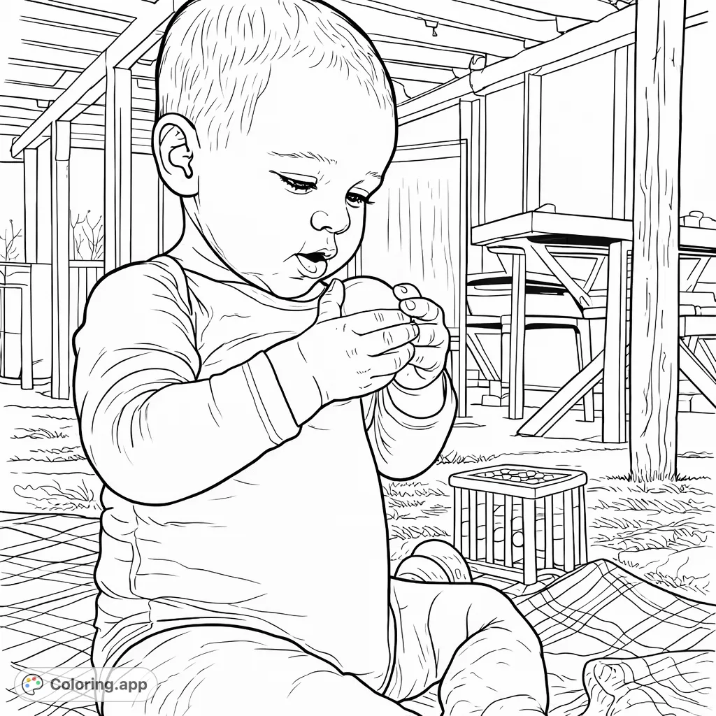 A delightful baby discovers a new object, perfect for encouraging focus and creativity. An engaging outdoor playtime coloring page.