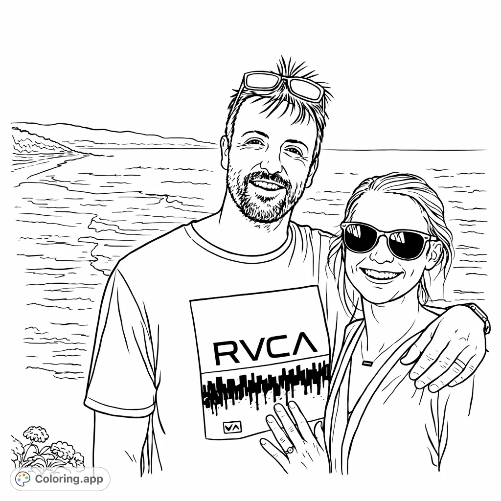 A happy couple smiles by the ocean, a man with a beard and a woman in sunglasses. A serene coastal landscape forms the background, perfect for a relaxing coloring session.