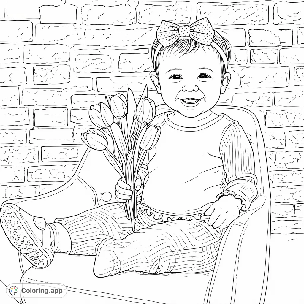 A cheerful baby in a cozy chair, holding a bouquet of elegant tulips against a rustic brick wall. A delightful scene for all ages to bring to life.