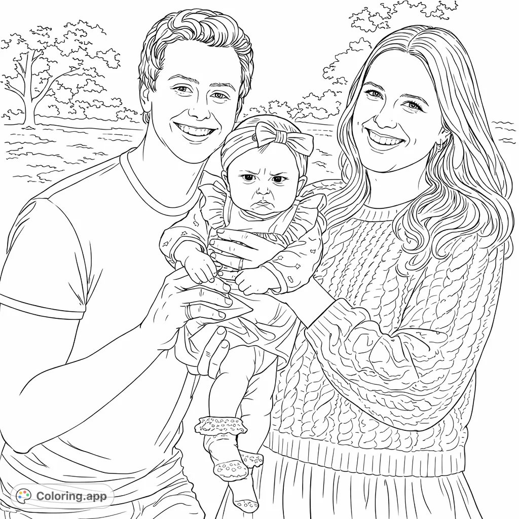 Capture a heartwarming family moment with this free printable coloring page featuring a loving couple and their adorable baby in an outdoor setting.
