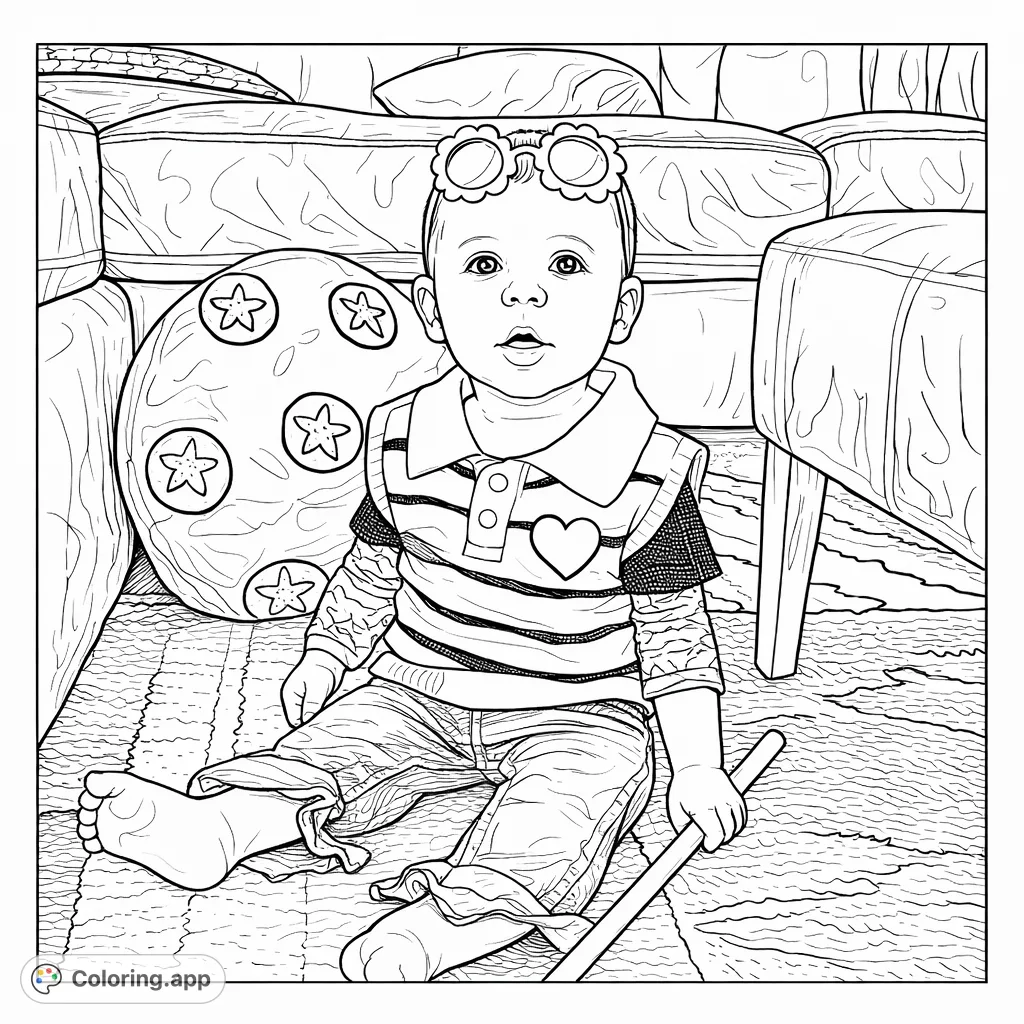 An adorable child wearing a striped vest, heart emblem, and unique flower-rimmed glasses, seated on a richly patterned rug. A heartwarming scene!