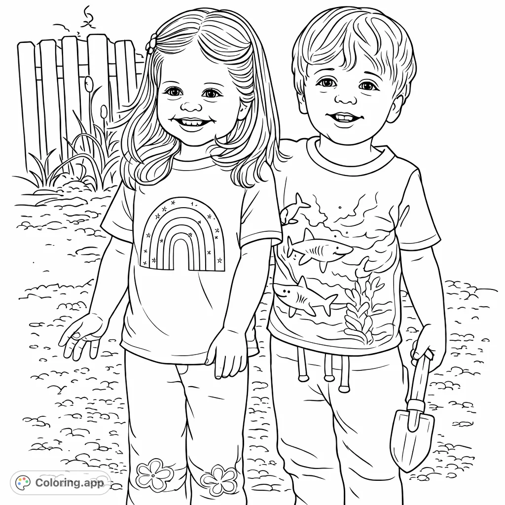 Two cheerful children, a girl with a rainbow shirt and a boy with sharks, stand together outdoors. A delightful scene for creative coloring fun.