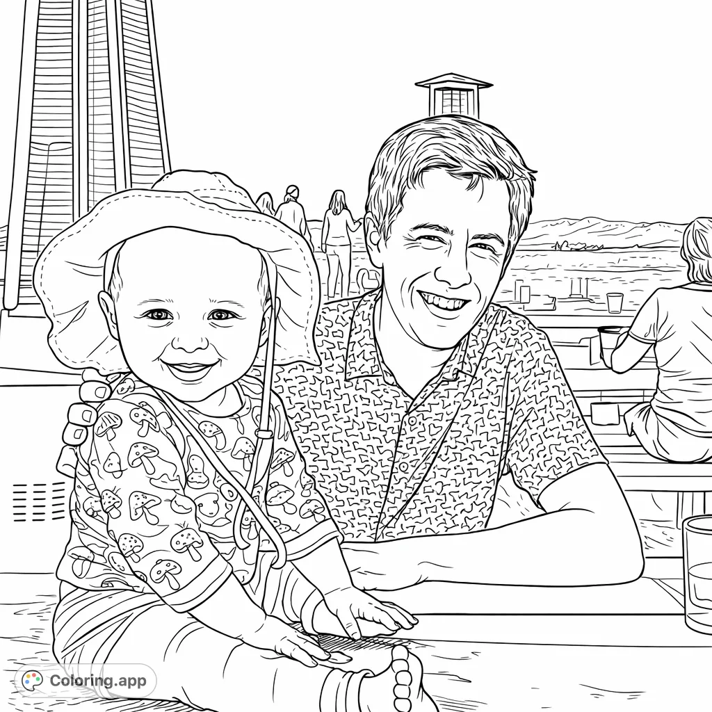 A heartwarming scene of a smiling parent and baby enjoying an outdoor meal, featuring intricate patterns and a scenic mountain backdrop for coloring.