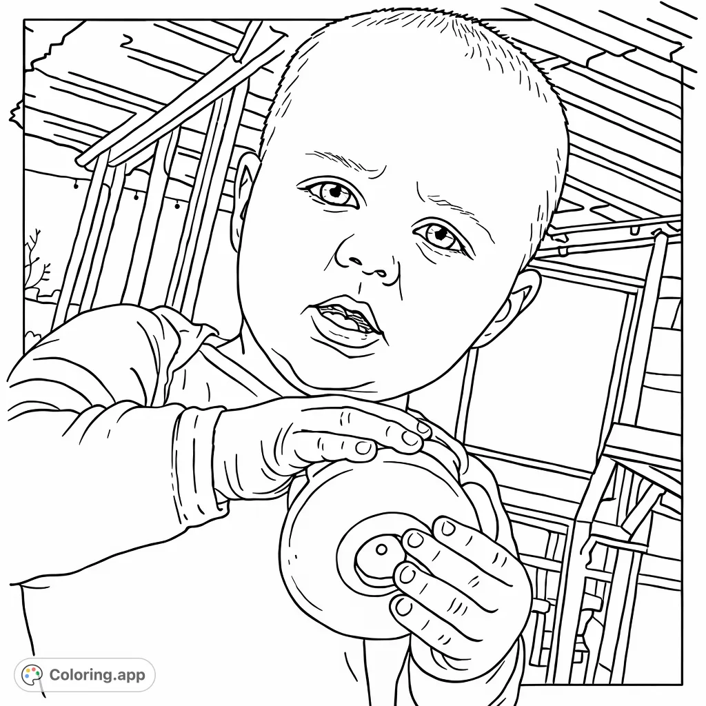 A sweet baby holding a toy, looking on with wide eyes. Perfect for young children and new parents to color, fostering creativity.