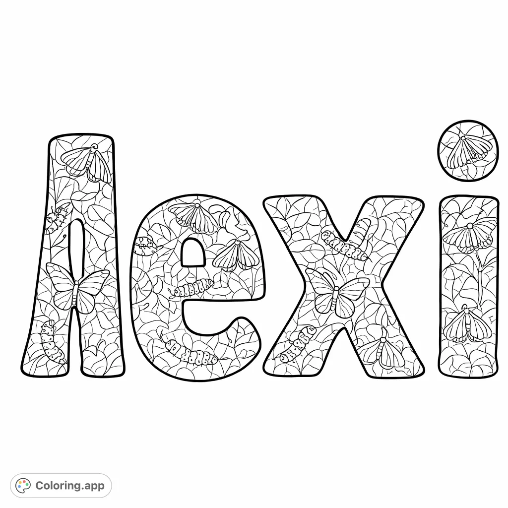 Color the name Alexi, intricately designed with lush leaves and delicate butterflies. A personalized nature-themed page for creative expression and relaxation.