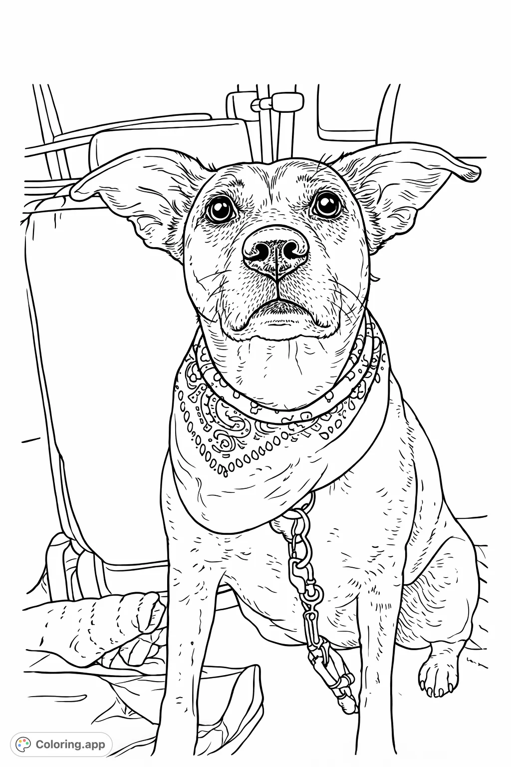 Color an adorable dog with floppy ears and a patterned bandana, sitting attentively in a car seat, ready for adventure.
