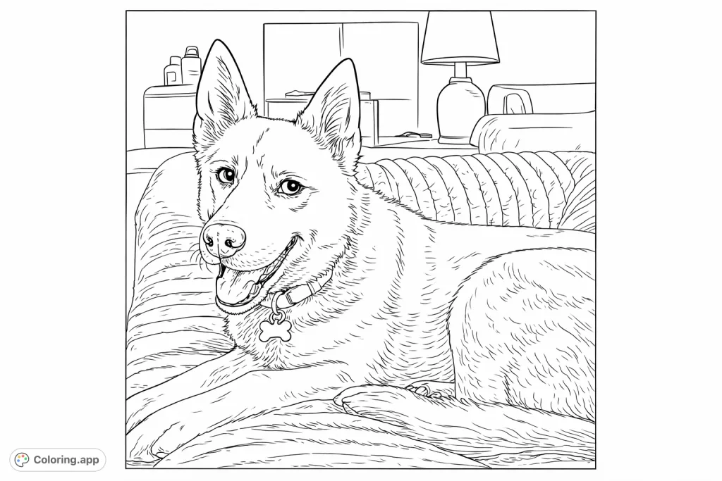 A charming husky dog relaxing on a plush blanket, looking straight ahead. This cozy dog coloring page offers a delightful escape for pet lovers.