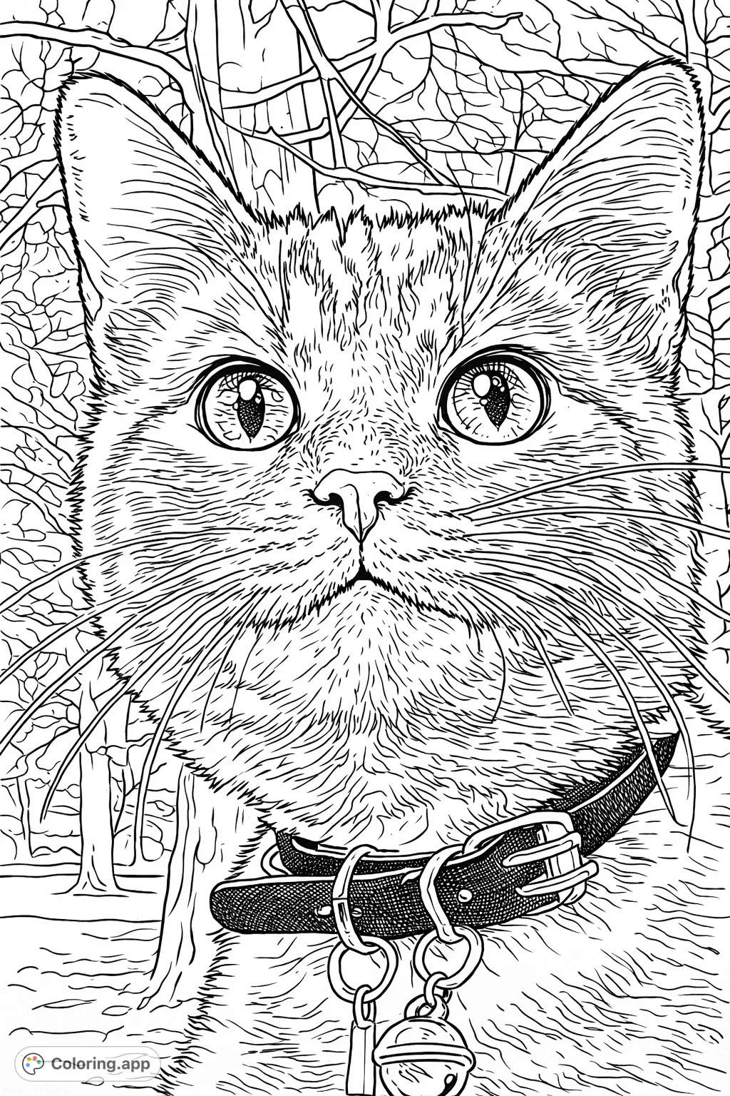 Capture the essence of a curious feline with this detailed cat portrait coloring page. Features expressive eyes, intricate fur textures, and a charming collar.